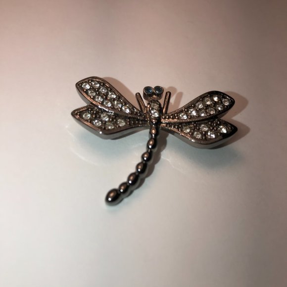 Pewter Rhinestone Dragonfly Pin, with Aqua Blue Eyes - Picture 2 of 5